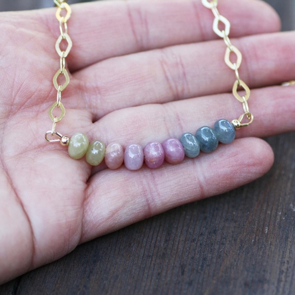 Natural Rainbow Sapphire Necklace 14k Yellow Gold Vermeil , September Birthstone - Picture 3 of 4
